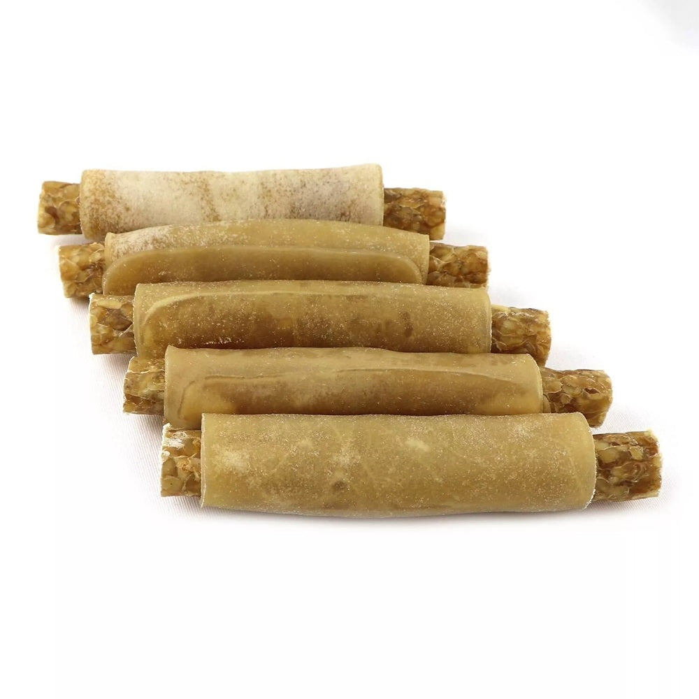 Rouleaux à mâcher fourrés 100% naturel en peau de bœuf à l'autruche, os pour chien, lot de 5