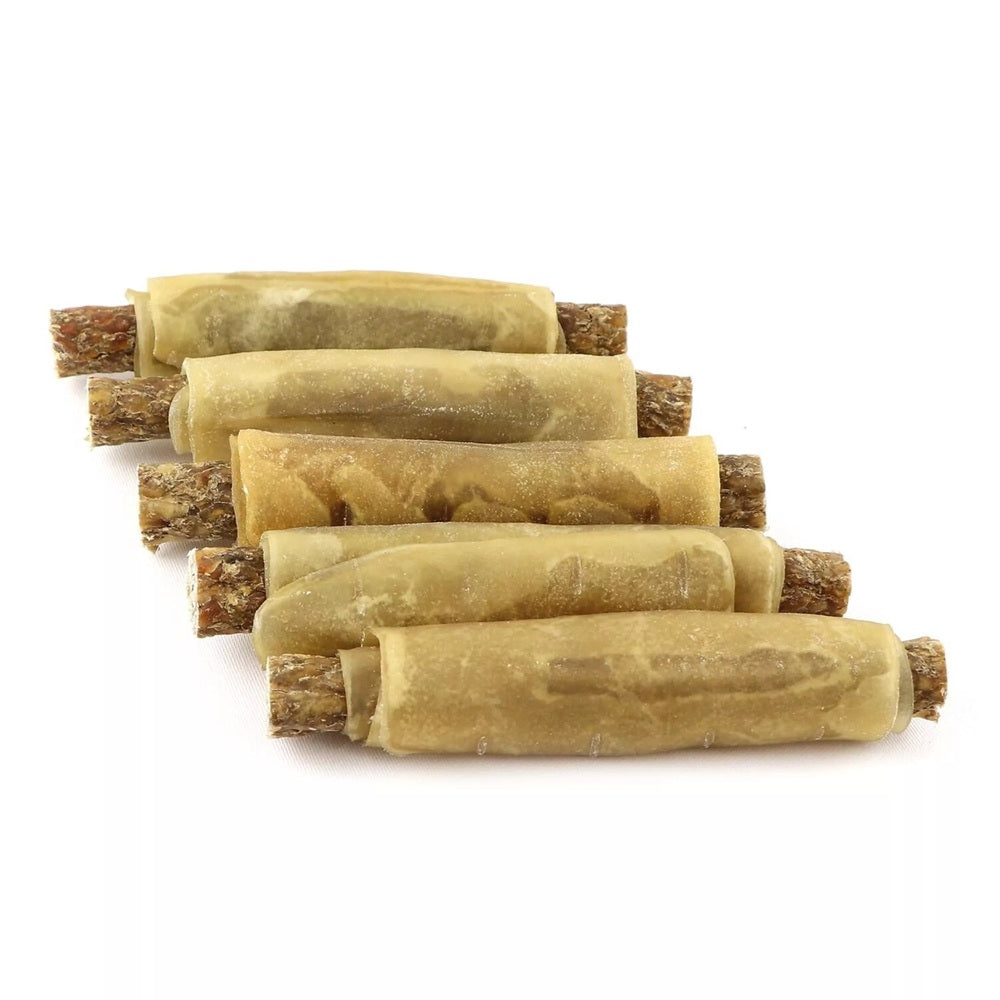 Rouleaux à mâcher fourrés 100% naturel en peau de bœuf aux cailles, os pour chien, lot de 5