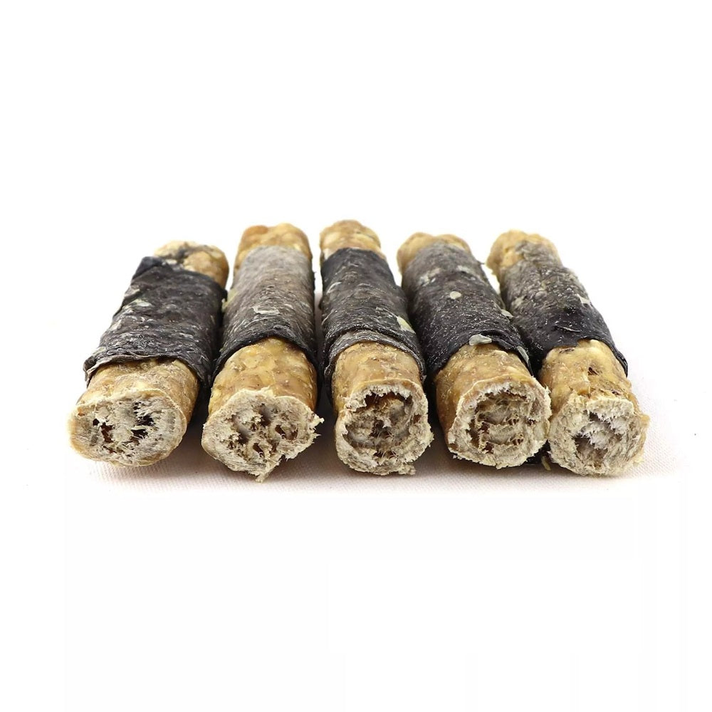 Rouleaux à mâcher fourrés 100% naturels en peau de bœuf au saumon, os pour chien, lot de 5